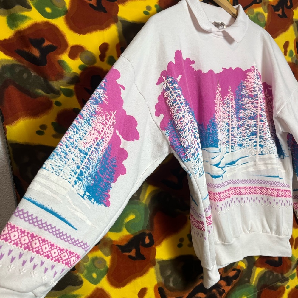 Vintage Snowy White and Pink Forest Print Sweatshirt - Picture 4 of 12